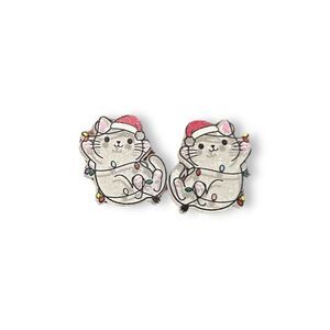 New White Christmas Cat Tangled In Lights Acrylic Earrings Holiday Pets Fun Gift